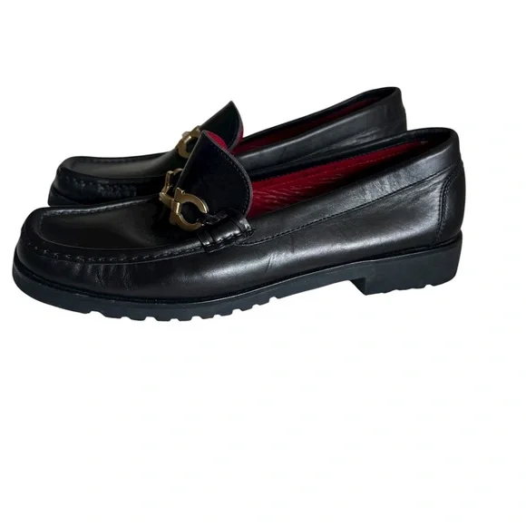 Salvatore Ferragamo Black Leather Loafers with Gold Accents - Picture 3 of 6